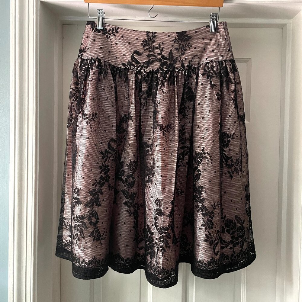 NWT Xscape by Joanna Chen Black Lace Overlay Pink Skirt Midi Size 8